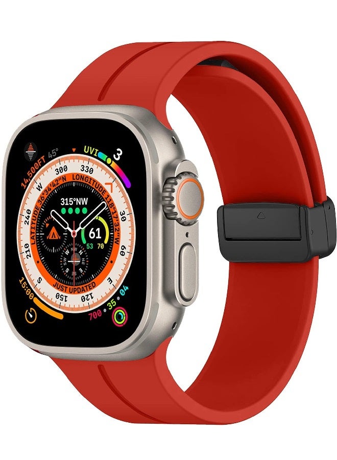 Replacement silicone sports wristband, black, with a magnetic D-shaped clasp 42/44/45/49mm, compatible with Apple Watch series SE/11/10/9/8/7/6/5/4/3 - Red - Image 3